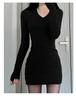 Black V-Neck Knitted Bodycon Dress – Women's Short Sexy Autumn/Winter Layered Base Dress