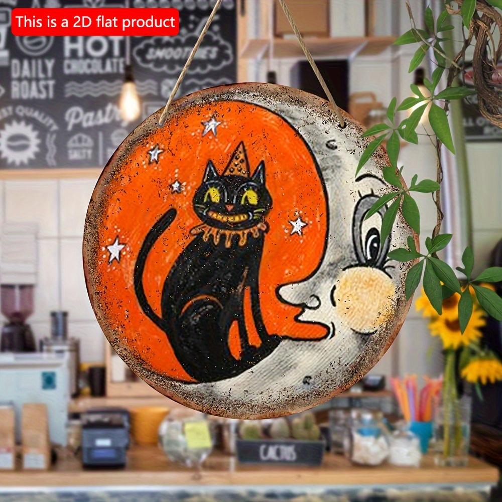2d Flat 20*20cm, Halloween Home Decoration, Halloween Retro Black Cat and Moon Wooden Circular Creative Decoration Signboard, for Home, Kitchen Garden