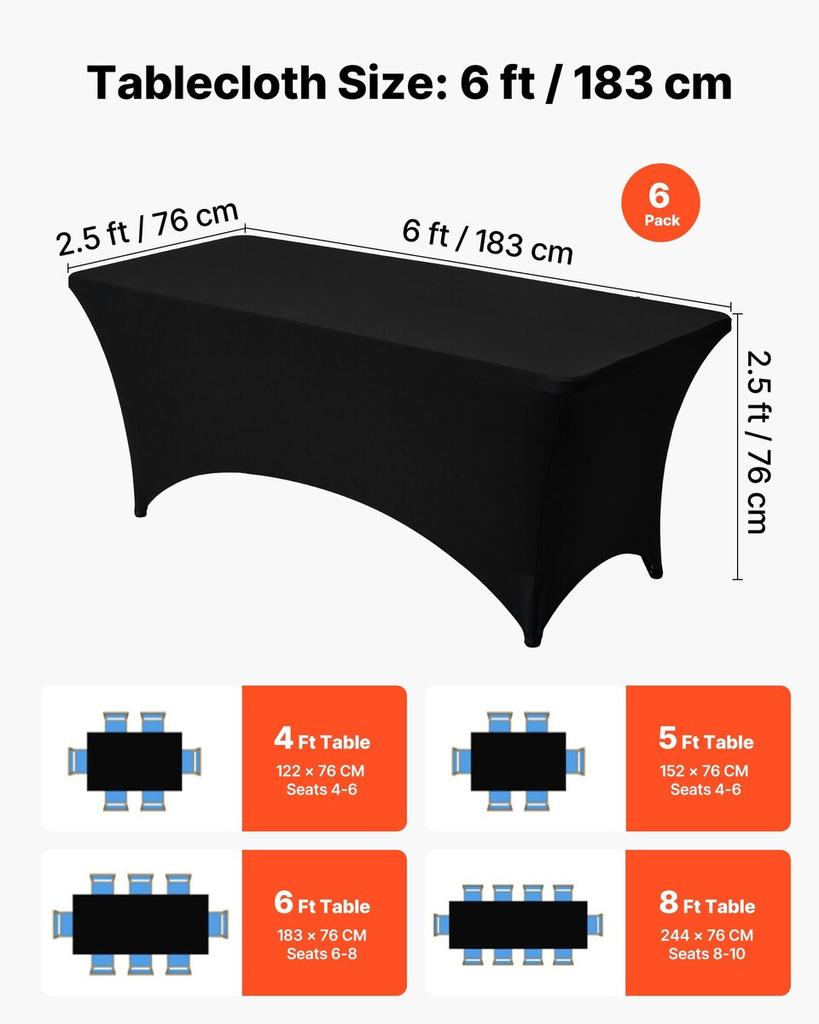 6 Pack Table Cloth for 6FT Rectangular Fitted Events, Wrinkle-Resistant Stretch Black Table Covers, Washable Spandex Tablecloth Protector, for Party,