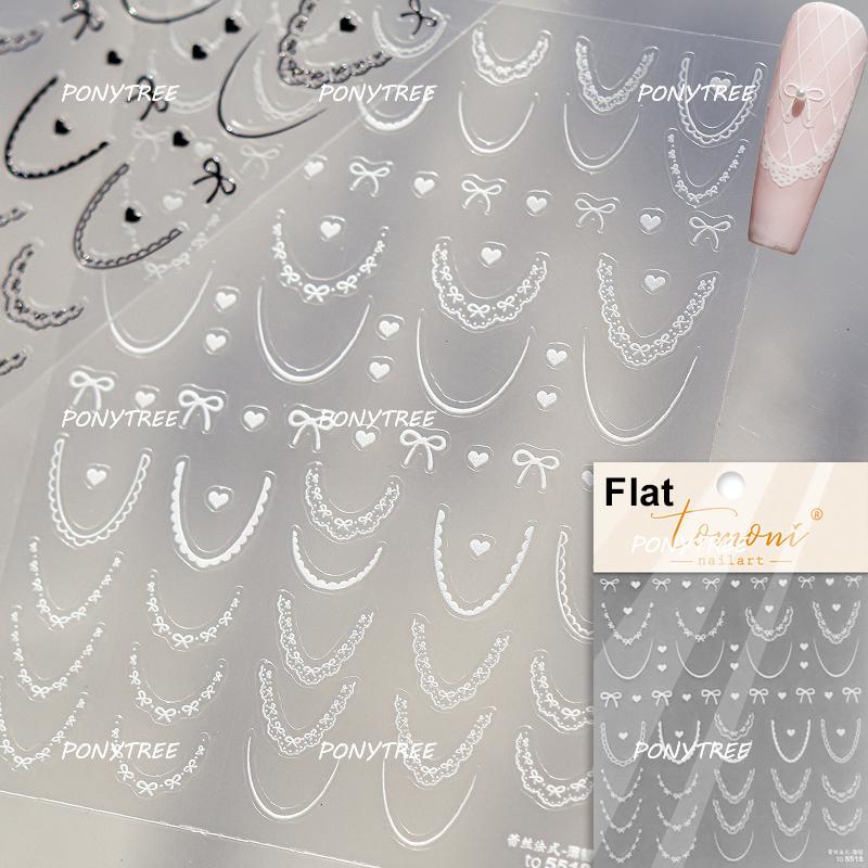 Delicate White Lace Bowknot Simulated Fabric Ribbon Silver Stamped Noble Rhinestone 5D Adhesive Nail Art Sticker Manicure Decal