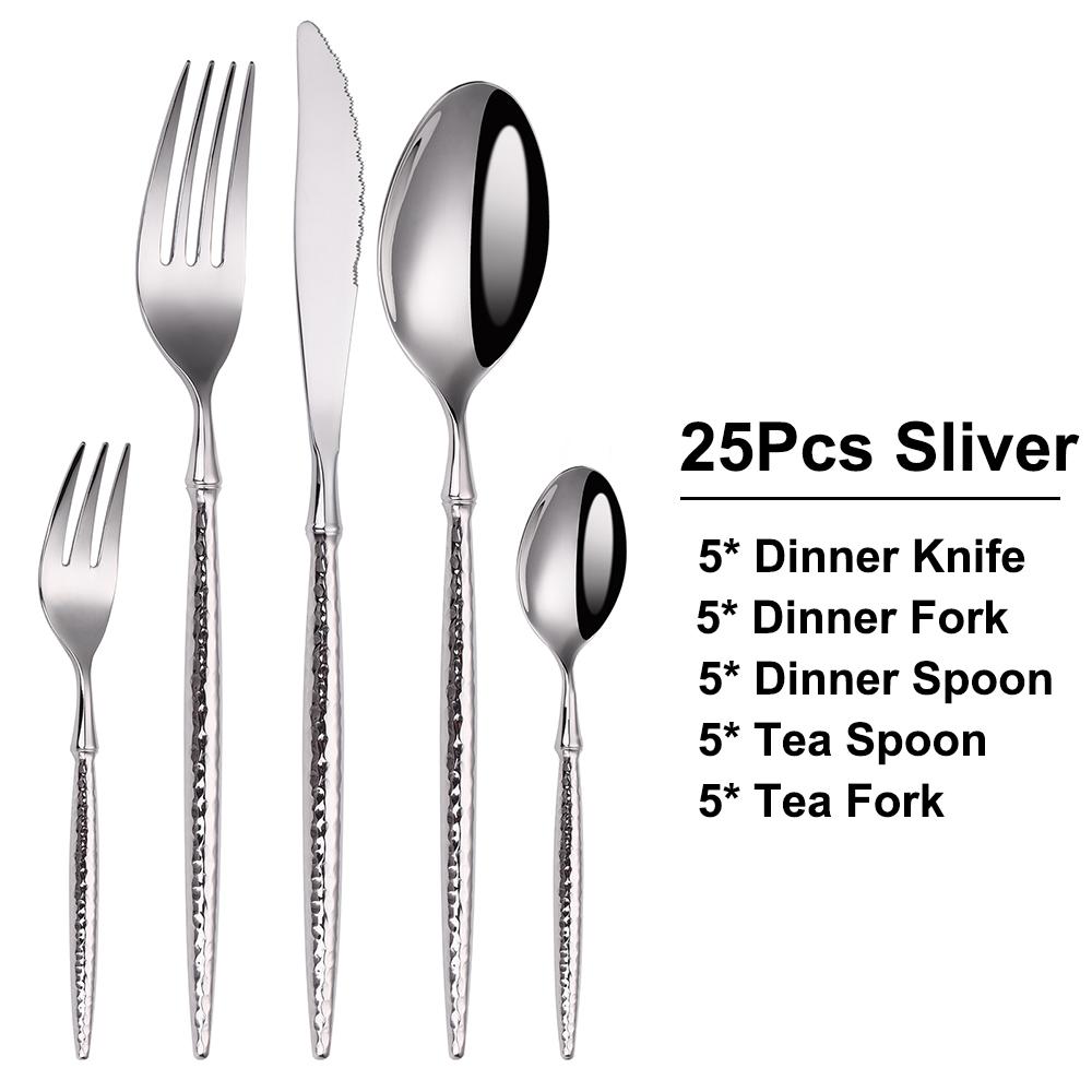 24/30/36Pcs Gold Cutlery Stainless Steel Sliver Tableware Set Hammer Pattern Handle Dinner Set Mirror Western Knife Spoon Fork