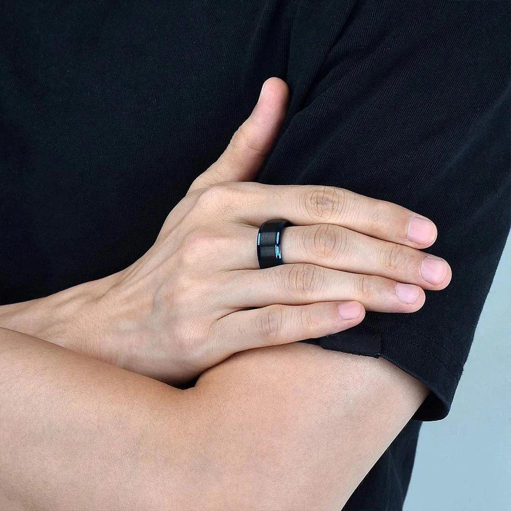 Fashion 8mm Black Brushed Titanium Rings for Men Women Blue Color Edge Men Stainless Steel Ring Wedding Party Jewelry Gifts