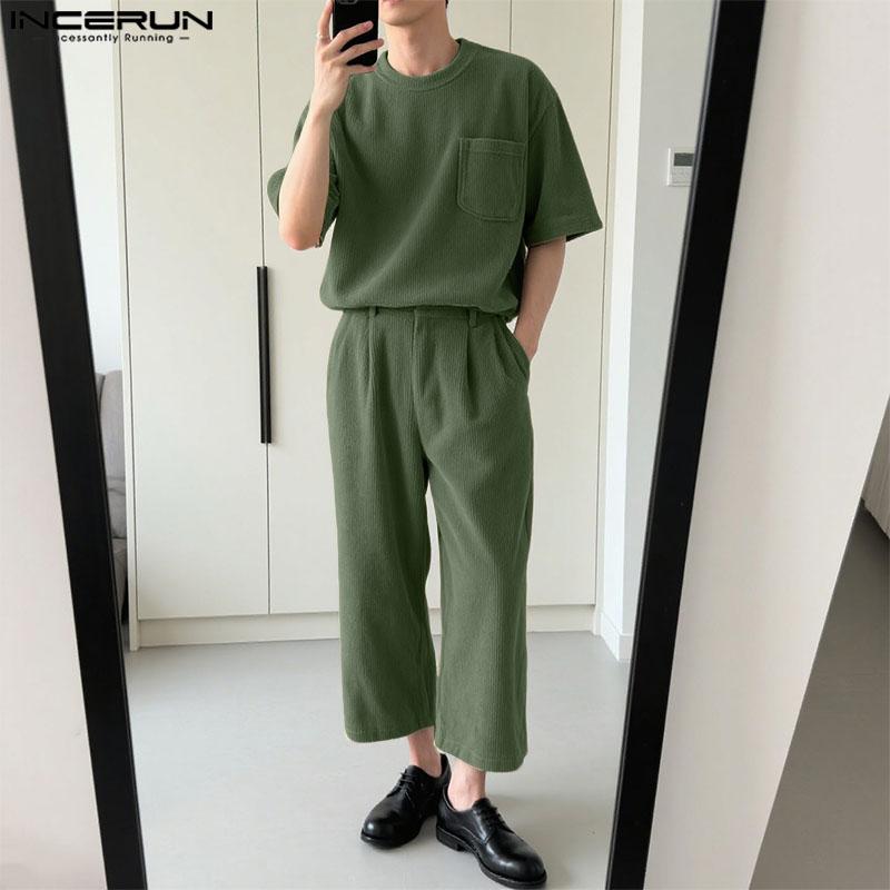 INCERUN Two Pieces Outfits Men Lapel Neck Corduroy Short Sleeve T-Shirt Long Harem Pants Sets