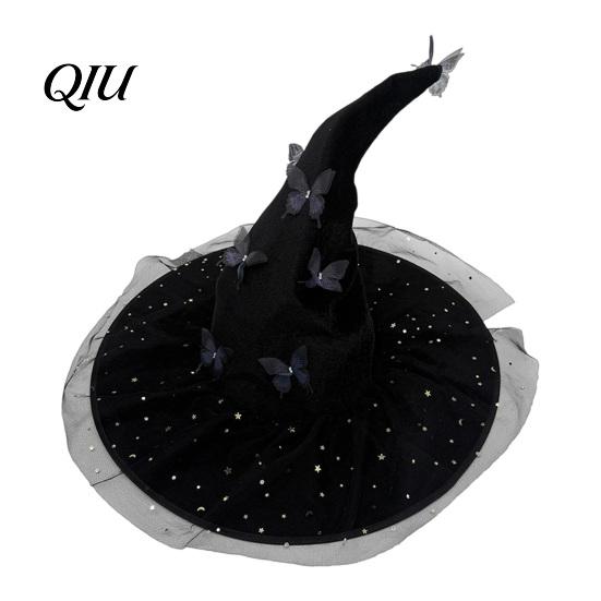 Witch Hat for Halloween Costume Women, Large Glitter Sequins Mesh Wizard Lightweight Polyester with Butterfly Accessory, Cosplay Black Hats Women