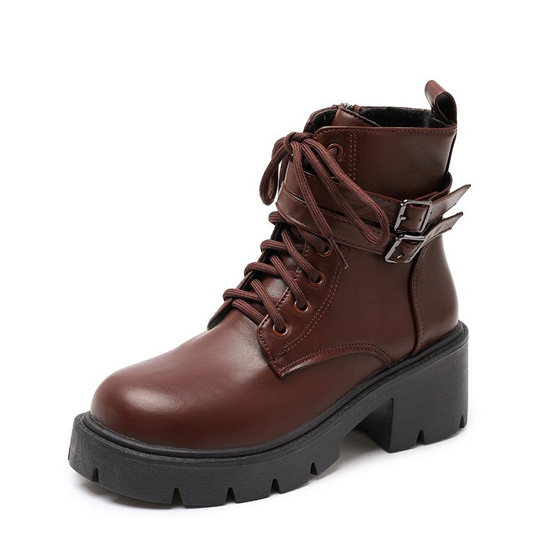 Vintage Platform Belt Buckle Mid-heeled Martin Boots 2025 Winter New Plus Size Thick-heeled British Style Boots for Women