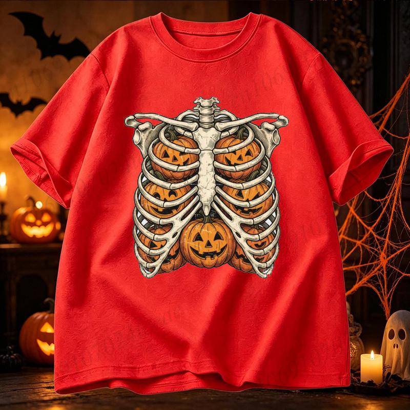 Halloween Skeleton Rib Cage Pumpkin Graphic T Shirt Vintage Chest Bone Print Tees Short Sleeve Unisex Gothic Holiday Casual Tops