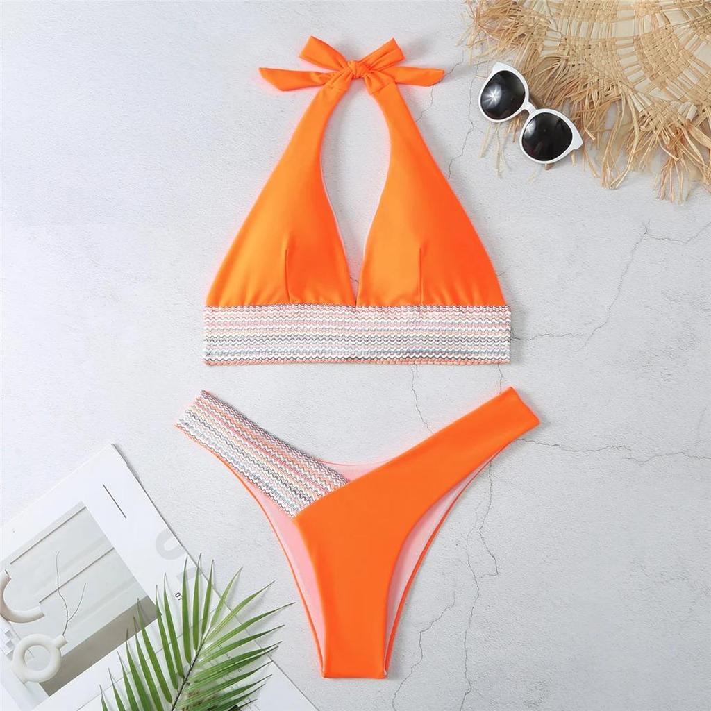 S - XL 5 Color Splicing Halter V Neck Bikini Female Swimsuit Women Swimwear Two-pieces Bikini Set Bather Bathing Suit Swim