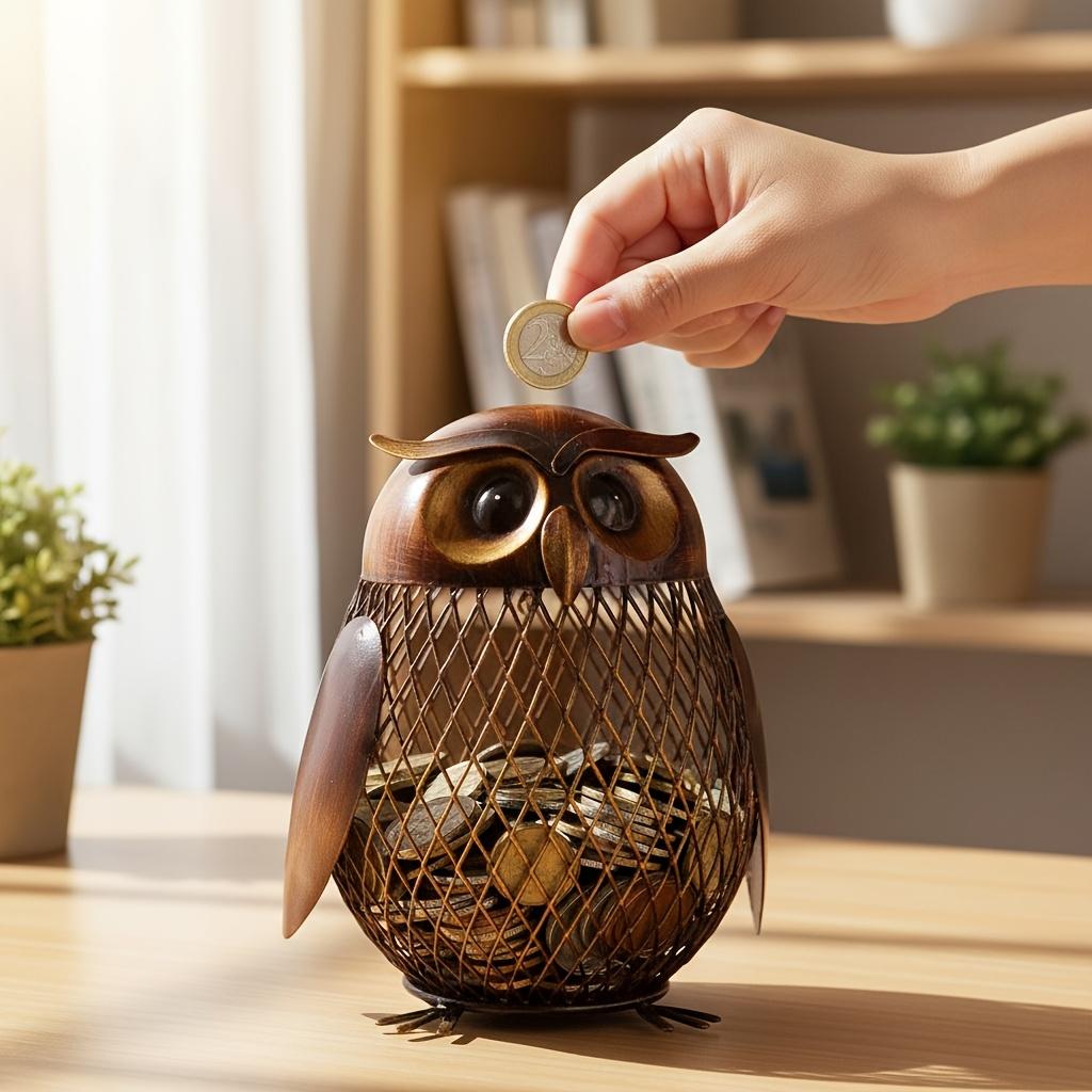 1pc Owl Animal Shaped Coin Bank Money Bank Coin Jar Rustproof Handmade Metal Painted Home Decor Cartoon Retro Gift