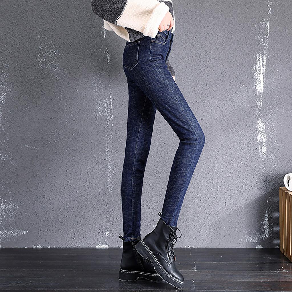 Women Fashion Soild Plush Jeans High Waist Thickened Tight Fitting Sweatpants Warm Casual Pants