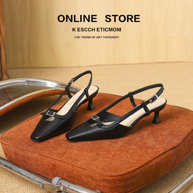 Fashion New Small Square Head Beautiful High Heels Design Temperament Single Shoes Diamond Buckle Kitten Heel Empty Sandals