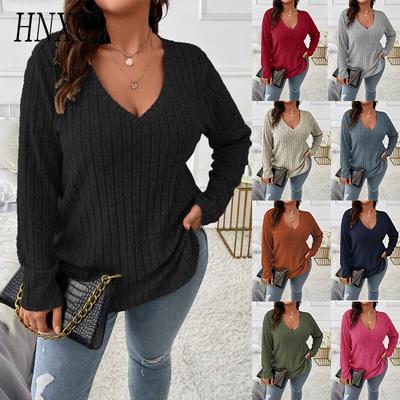 Top da Donna HNXC Autunno e Inverno Monocolore Taglie Forti, Scollo a V Manica Lunga, T-shirt Spazzolata con Frange, Pullover Largo