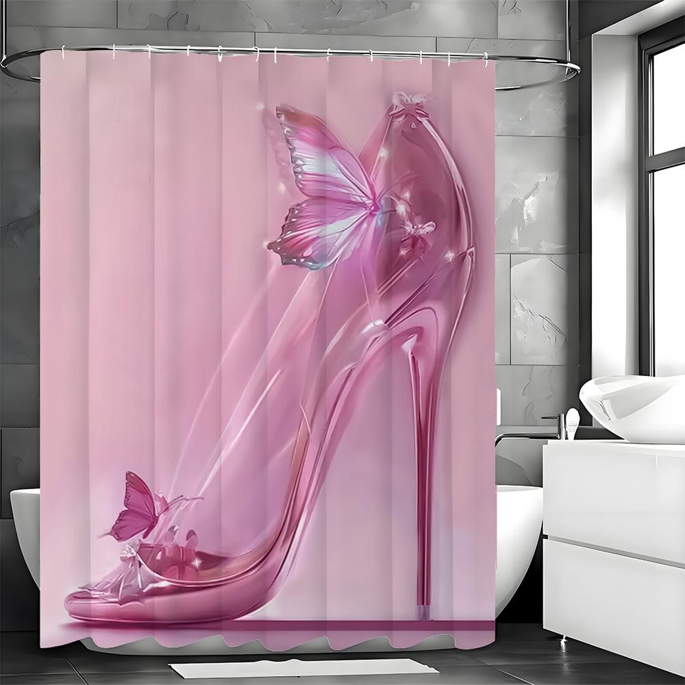 

Pink Crystal Shoes Shower Curtain Washable Dirt-Resistant Shower Head Waterproof Polyester Bath Curtain For Home Decor W60H190(CM)-1 Pcs
