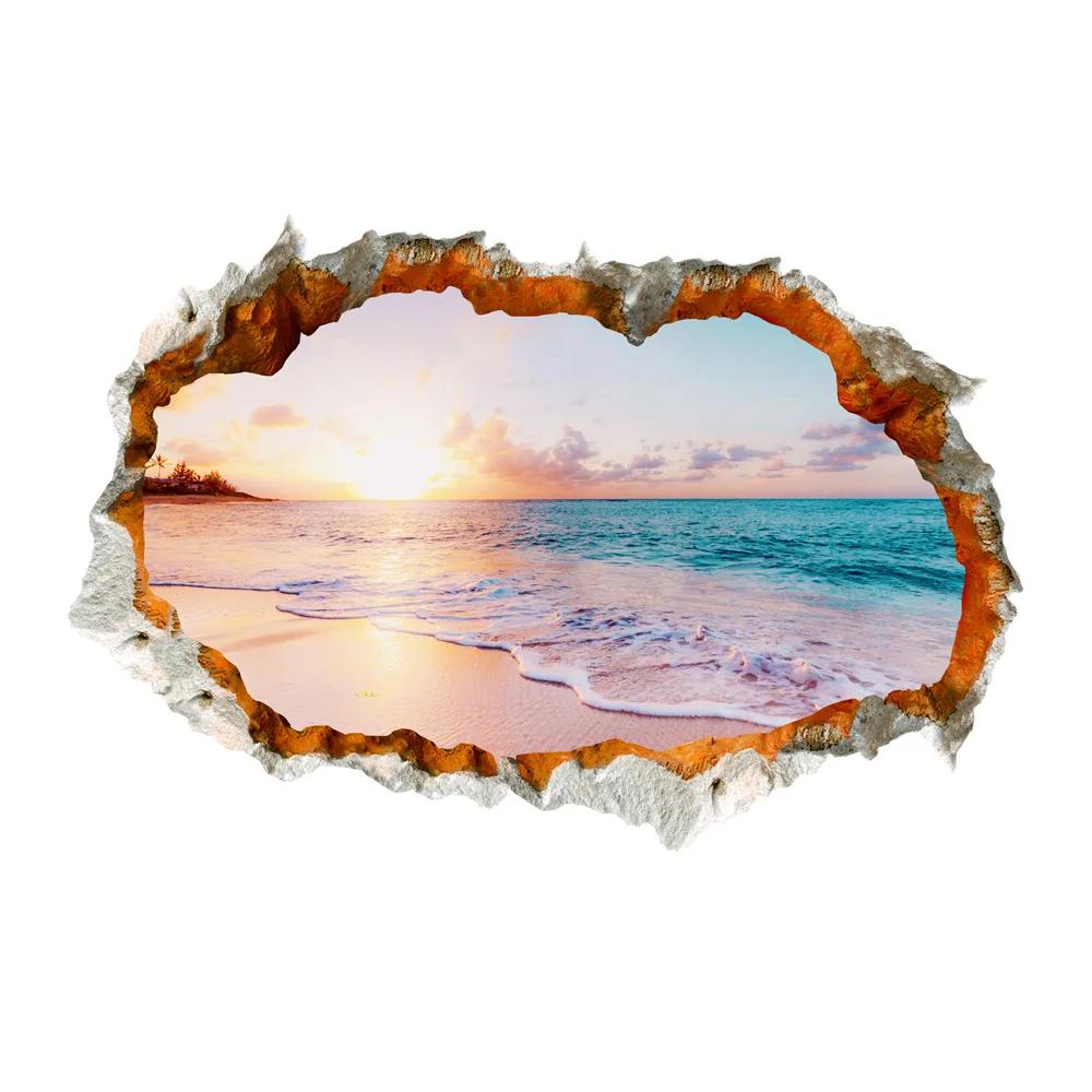 Home Removable Wall Patched Bedroom Living Room Wall Breached Beach Sea View False Window Scenes Mural