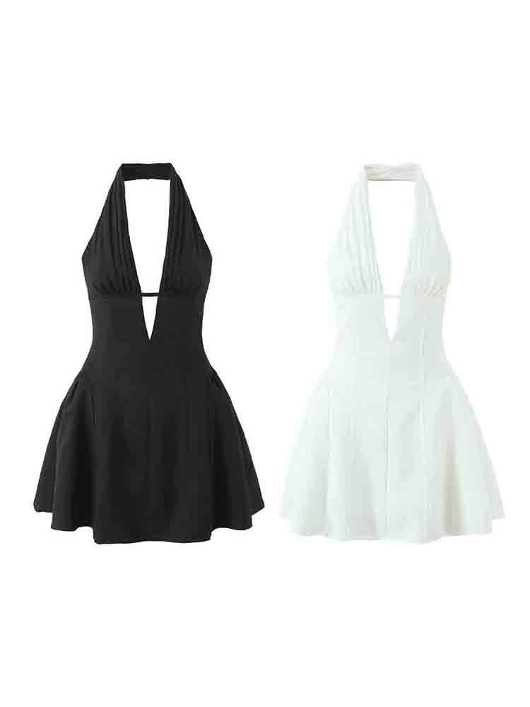 Autumn Women's Slim-Fit Beach V-Neck Ruched Halter Dress