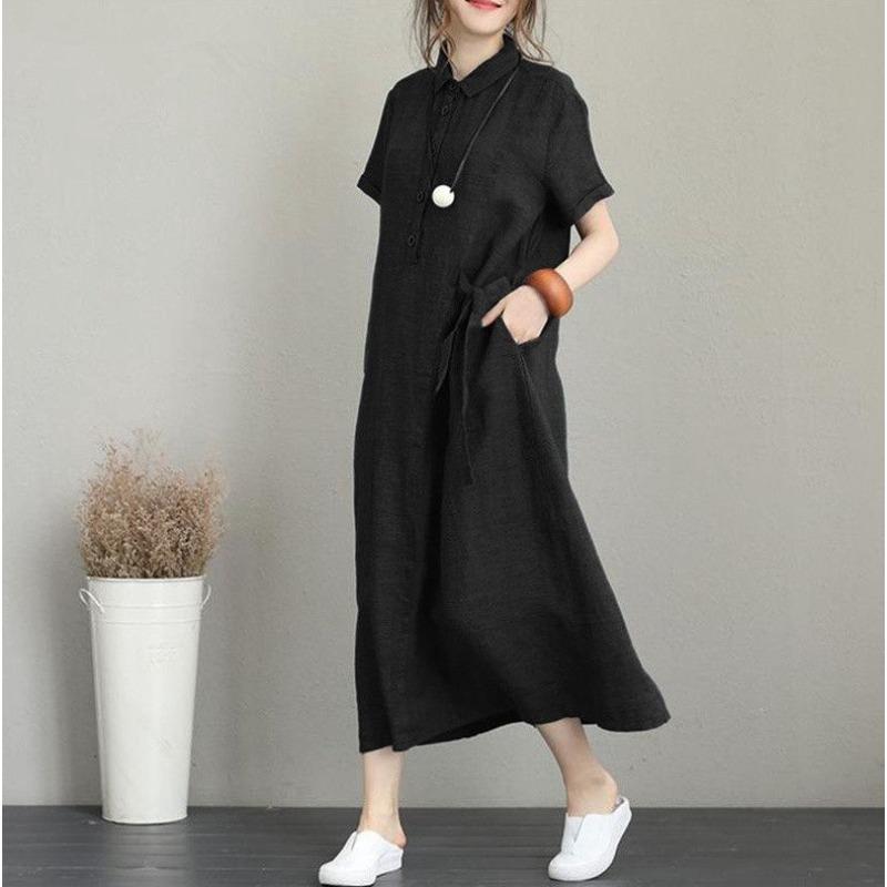 women s Turn Down Collar Short Sleeve Solid Color Linen Loose Tie Waist Pocket Casual Long Dress S