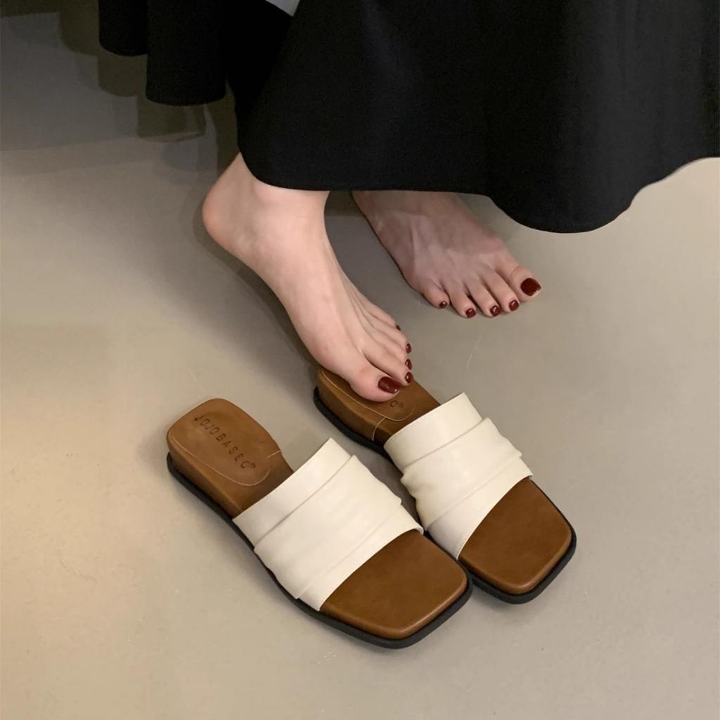 Sandały damskie na obcasie typu slope, lato 2025, nowe, retro, niszowe, z napisem „fancy” i napisem „drag”, francuskie, kwadratowe, grube kapcie