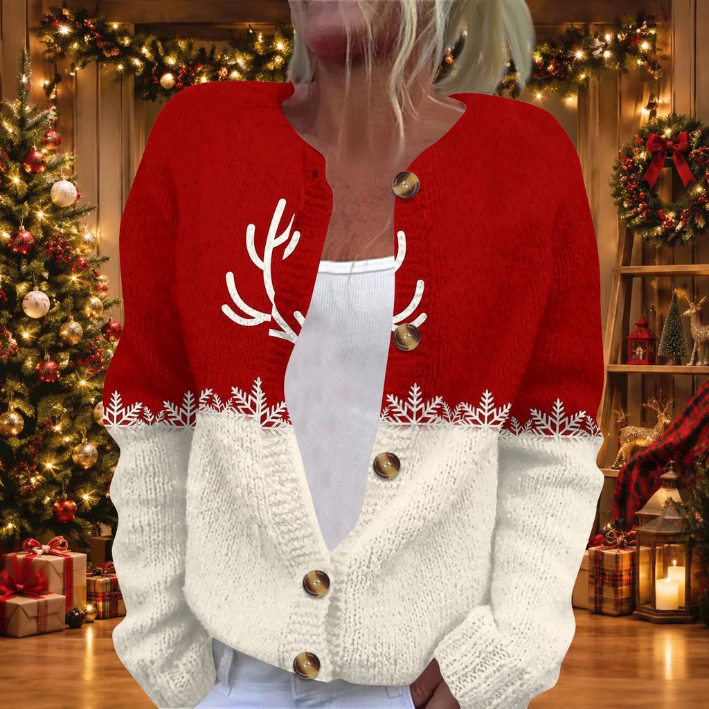 Stylish Women's Christmas Print Long Sleeve Knit Cardigan Button Front Casual Sweater