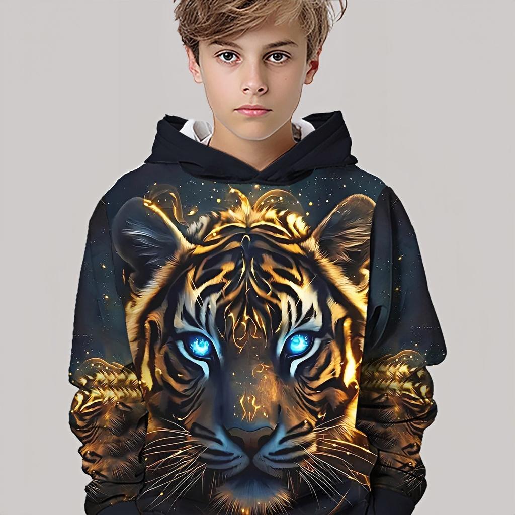 3D Digital Printed Fantasy Tiger Cool Pattern Hooded Sweatshirt, Fashionable and Trendy Casual Children's Clothing, Suitable for Boys To Go Out