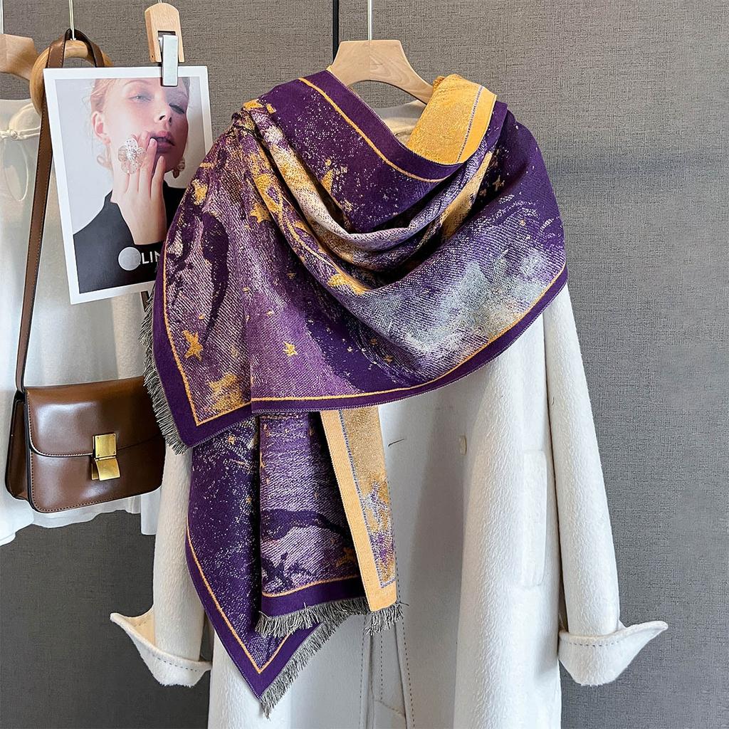 Autumn New Plant Flower Print Scarf Autumn and Winter Imitation Cashmere High-end Warm Scarf Shawl Women