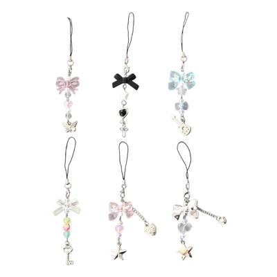  Charm de téléphone mignon avec nœud papillon, dragonne, porte-clés amovible, pendentif papillon étoile, lanière de téléphone, décorations de sac à dos pour femmes filles