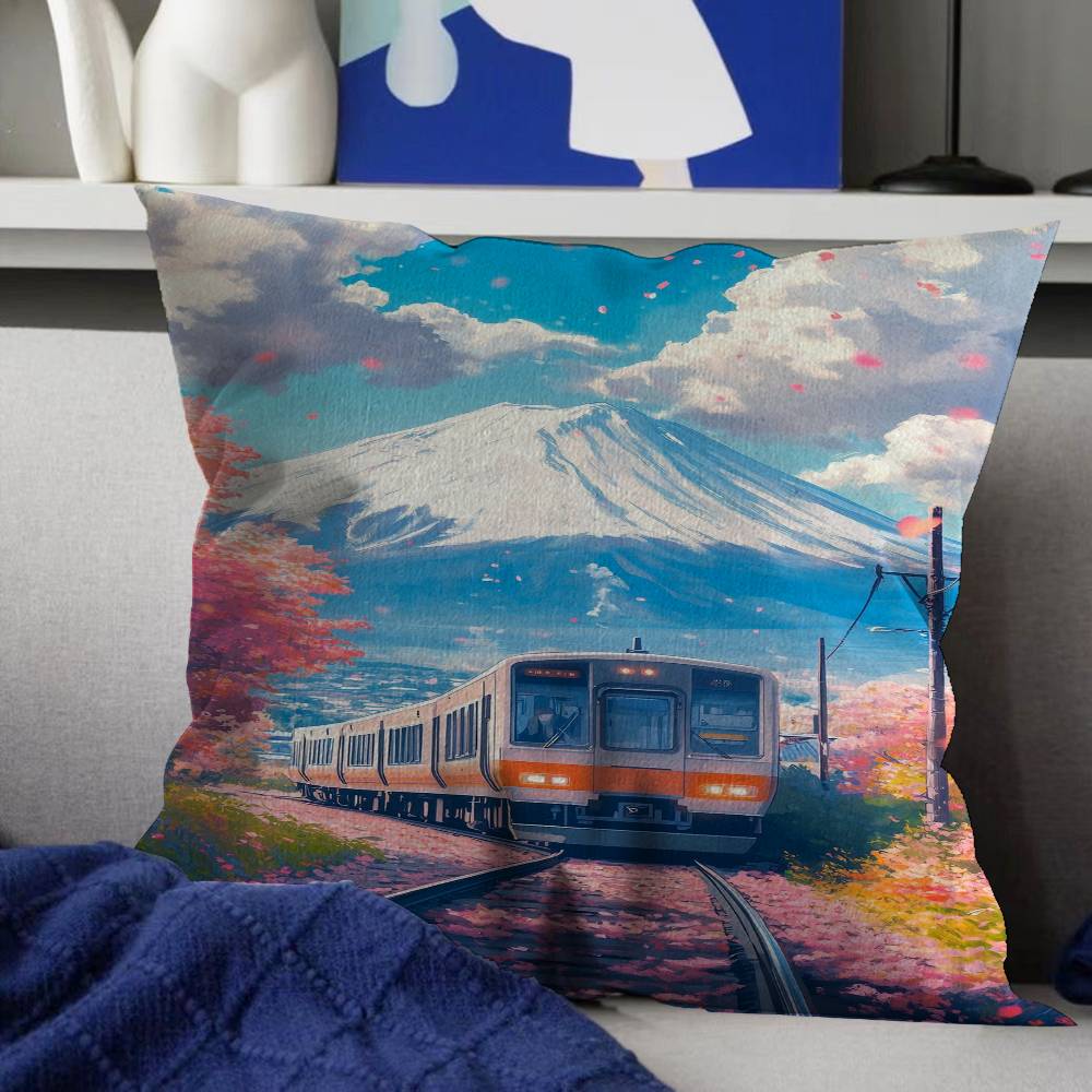 Retro Japanische Landschaft Leinwanddruck Asiatische Eisenbahn Personalisierte Kissenhülle Kinderzimmer Wilde Party Dekor Kissenbezug