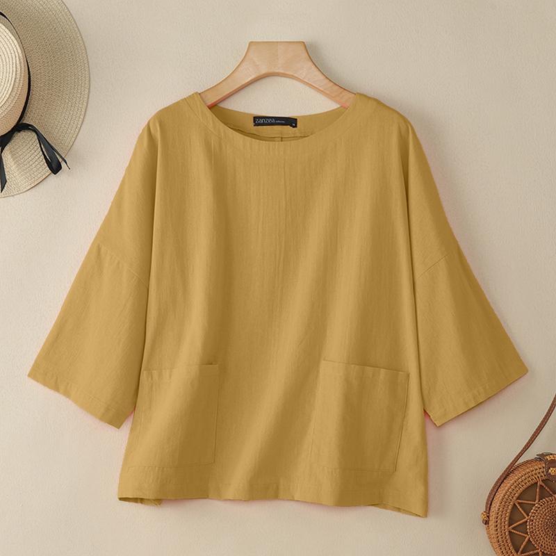 

ZANZEA Женская повседневная однотонная блузка с круглым вырезом и рукавом 3/4 3XL