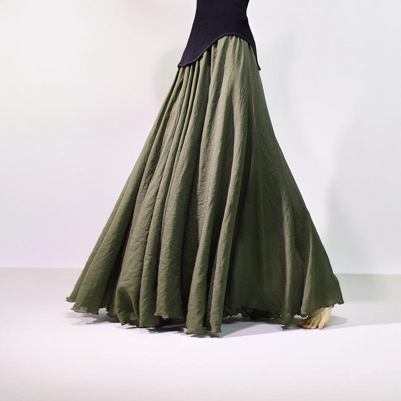 Mori Girl Cotton Linen A-Line Skirt: Elastic Waist, Long Solid Color, National Style Swing