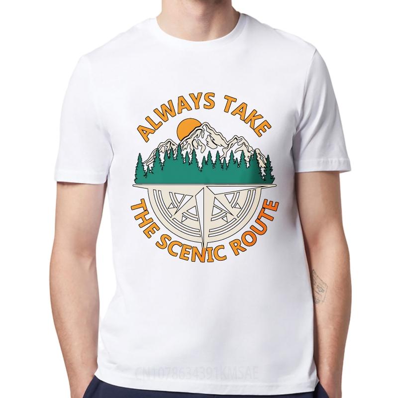 Big Size Summer Women T Shirt Always Take The Scenic Route Mountains Compass Sunset Trees Short Sleeve Adult ONeck Tees