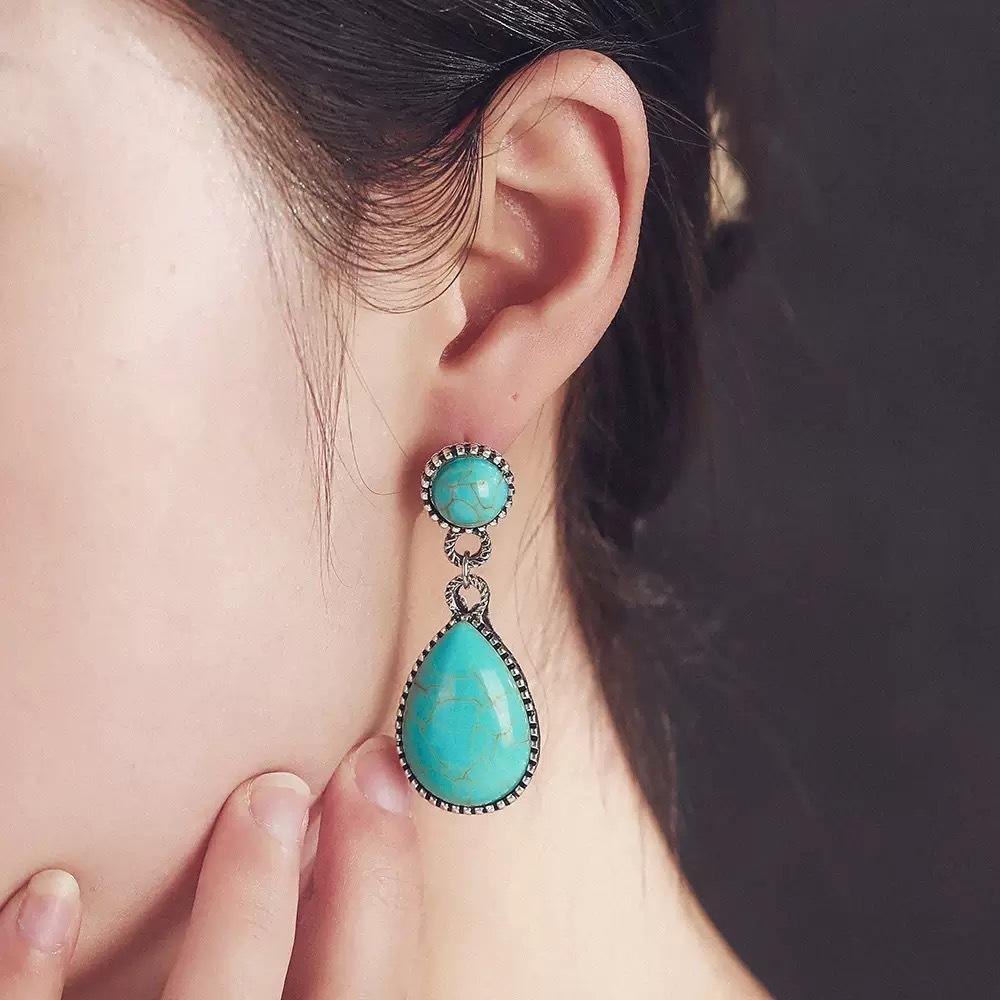 Ethnic Style Ancient Silver Turquoise Earrings, Creative Drop-shaped Turquoise Exaggerated Earrings