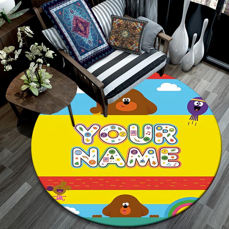 Custom Name,Hey Duggee pattern round rug,Carpet Rug for Living Room Bedroom Playroom ,Non-slip Floor Mat,Holiday Gifts and Birthday Gifts.