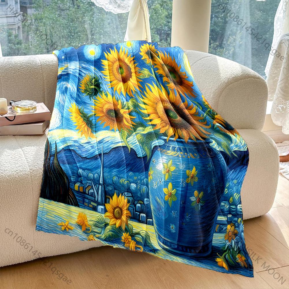 Multi-size Van Gogh-inspired Sunflowers Print Blanket Flannel Material Soft Warm for All Seasons Home Outdoor Camping Picnics RV