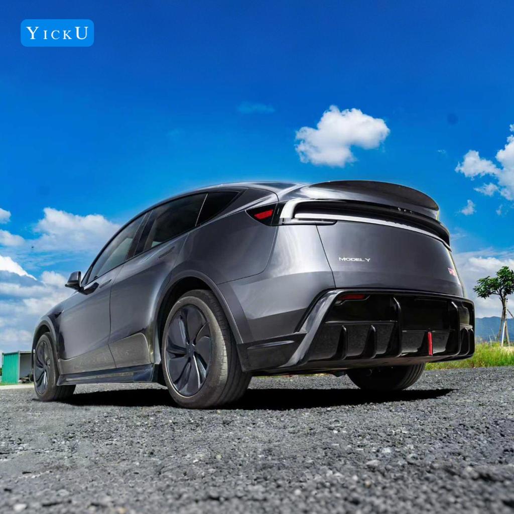 Gloss Black Front Lip & Side Skirts with Lights for 2025 Tesla Model Y Facelift, Includes Rear Lip, Front Splitter & Rear Diffuser.