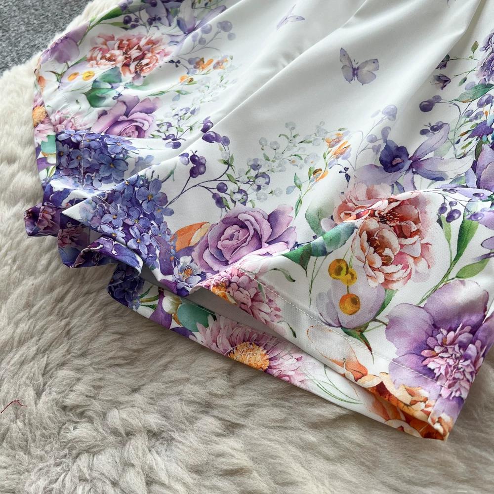 Summer Autumn New Arrival Flower Print Two Piece Pants Sets Women's Lantern Sleeve Blouse Tops and High-Waisted Wide-Leg Shorts Sets