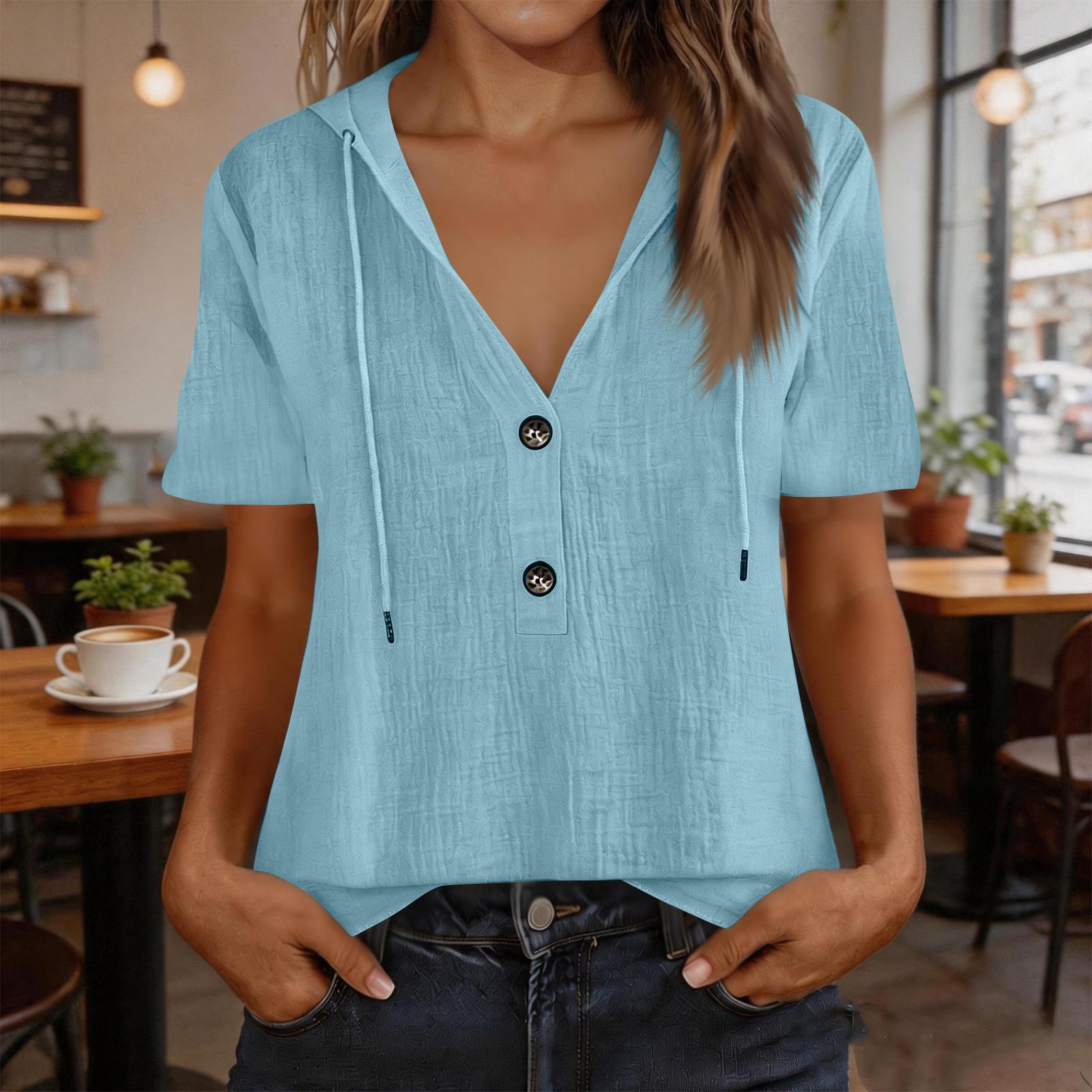 Women Casual Cotton Hooded Pullover Shirt Short Sleeve Drawstring V Neck Button Front Lightweight Blouse L