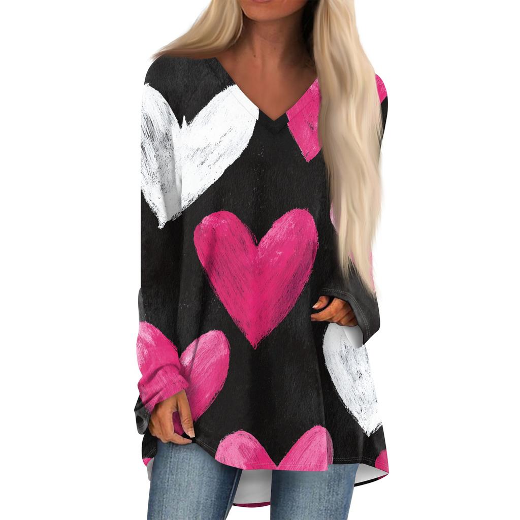 Women's Fashionable Casual Long,Sleeved Valentine's Day Print V,Neck Mid,Length Top