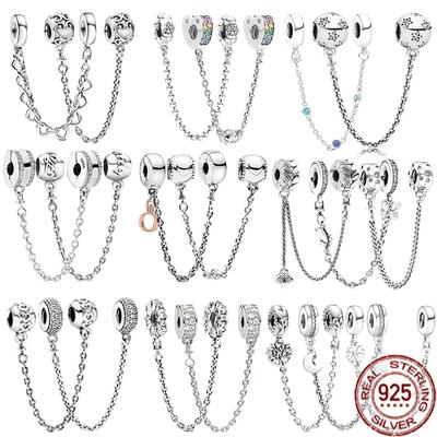 100% Real 925 Sterling Crown Herbarium Moon & Star Safety Chain Charm Bead Fit Sweet Fasion Bracelet Diy Jewelry Δώρο