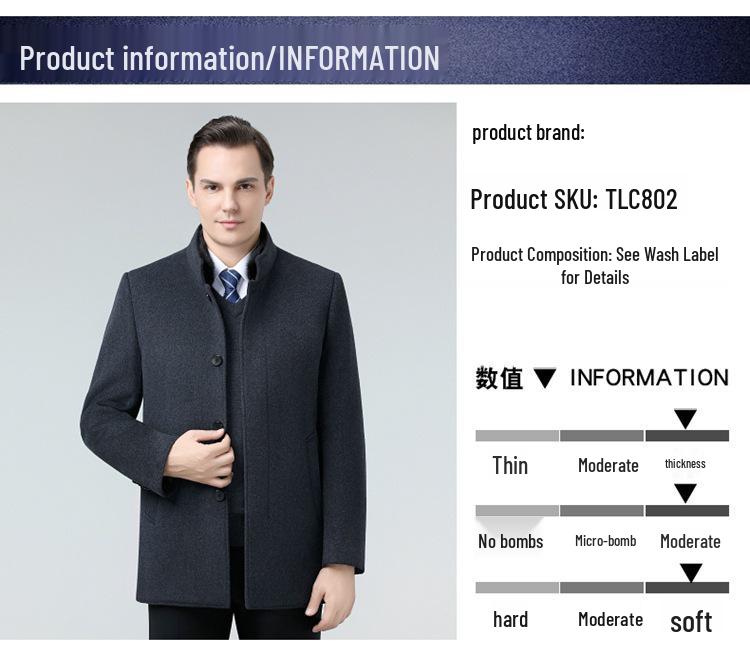 Men's Double-Faced Wool Coat with Detachable Down Lining, Wool Blend, Stand and Fur Collars, for Middle-Aged and Elderly.