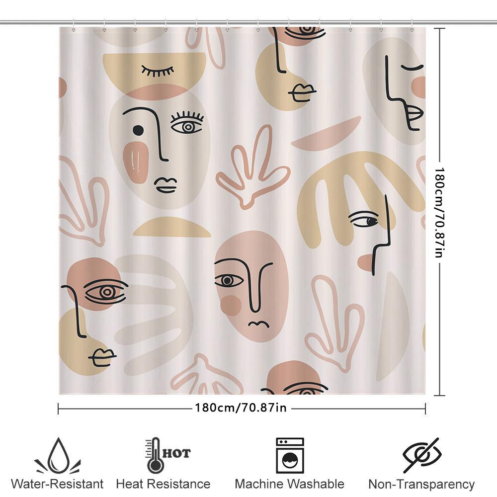 Contemporary Print Shower Curtain Set For Bathroom Decor Simple Modern Design With Face Shapes In Pink Beige Colors (180X274Cm)