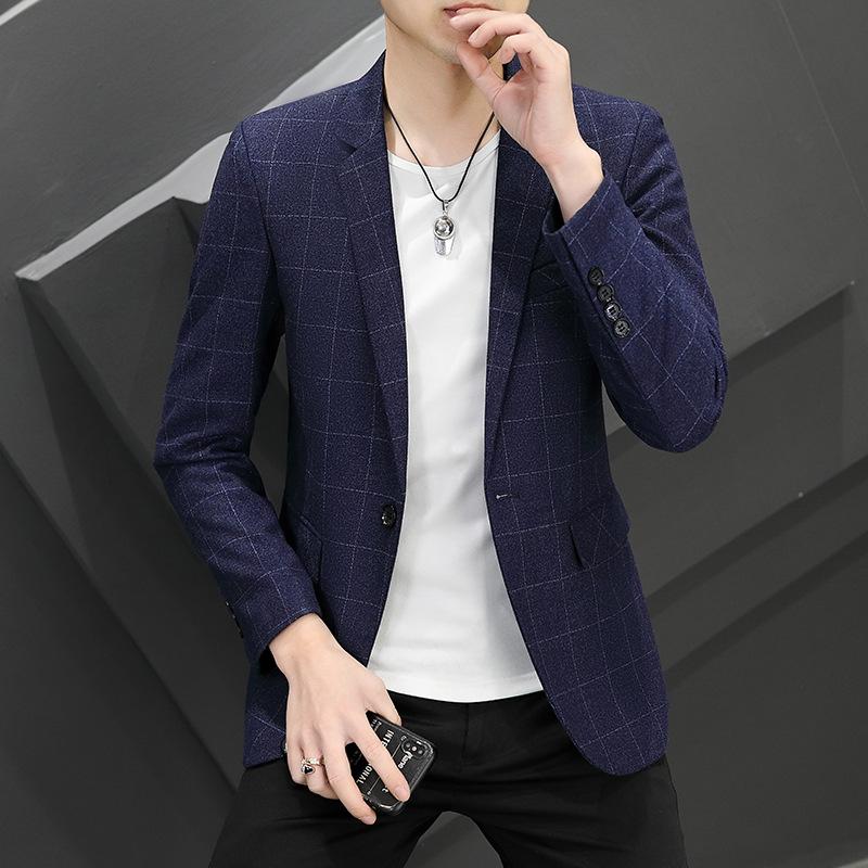 Herren Freizeit Leichter Karierter Ein-Knopf Revers Blazer