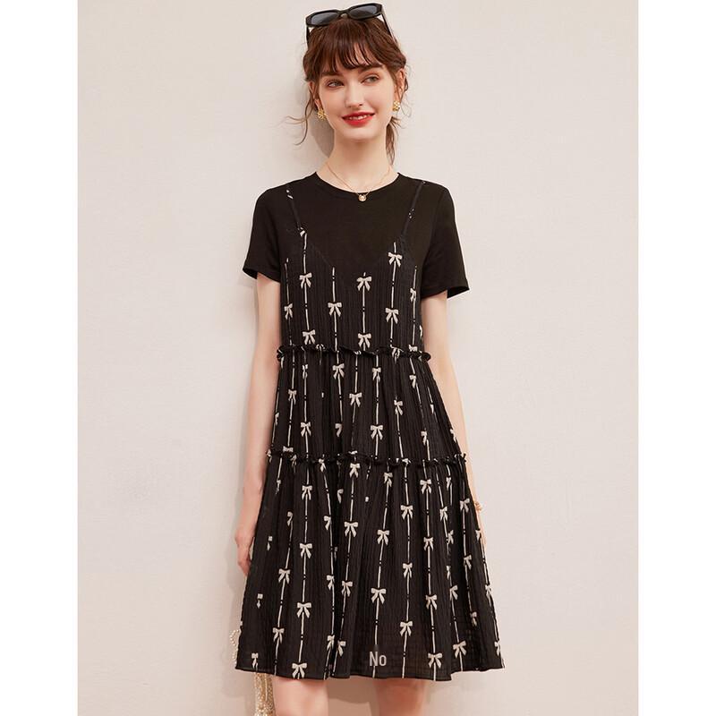 Bailuyu Round Neck Bow Print Layered Short-Sleeve Dress L