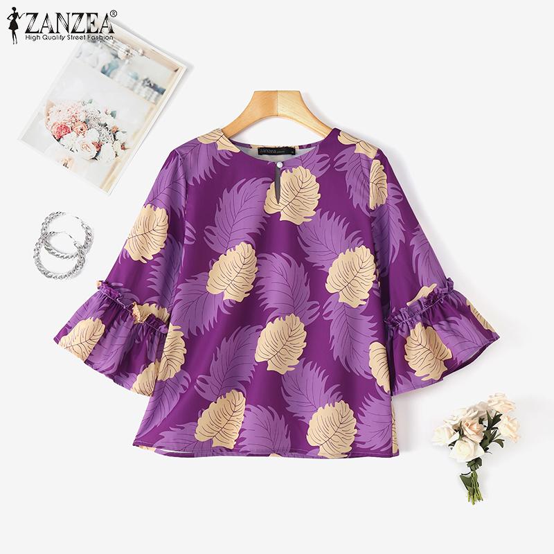 ZANZEA Blouse d'été décontractée à col rond et manches 3/4 amples à fleurs pour femmes