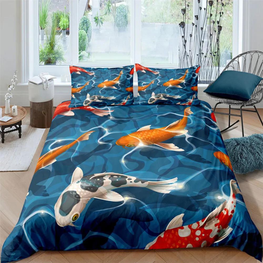 Japanese Duvet Cover Koi Carp Couple Swimming Cherry Blossom Branch Culture Design For Bedroom Decorative Orange Grey Women Men