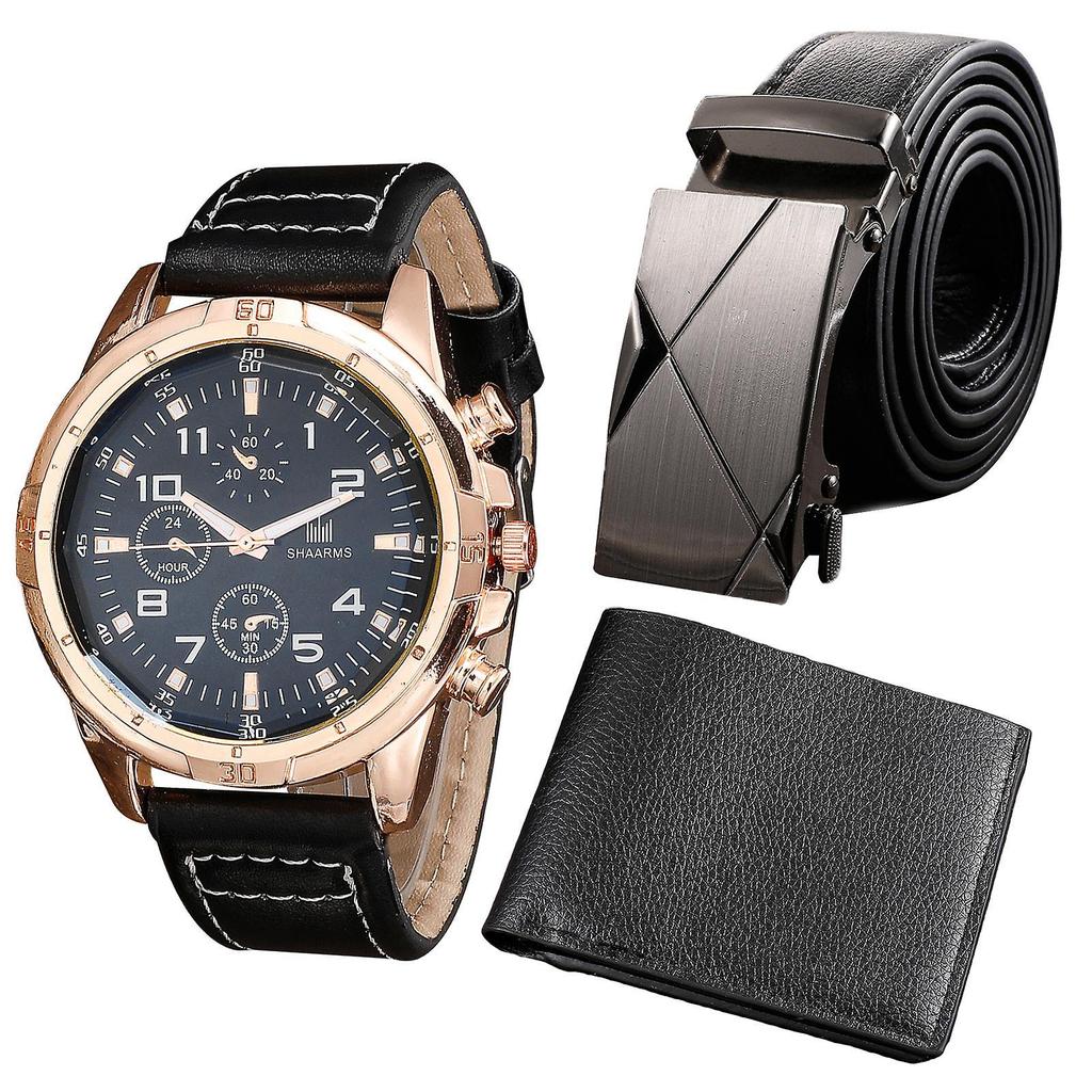 Herrenuhr+Geldbörse+Gürtel Set Männers Geschenk für Vatertag Geburtstagsgeschenk 3 Stück/Set
