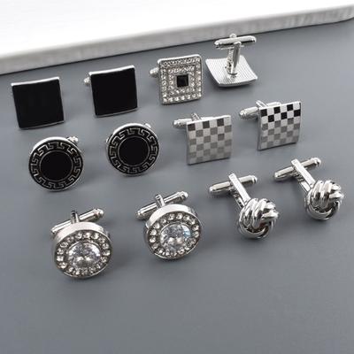 1 Pair Men Cufflinks Polished Smooth Surface Rhinestones Inlaid Rectangle Round Twist Shape Suit Shirt Cufflinks Button Replacement Accessories