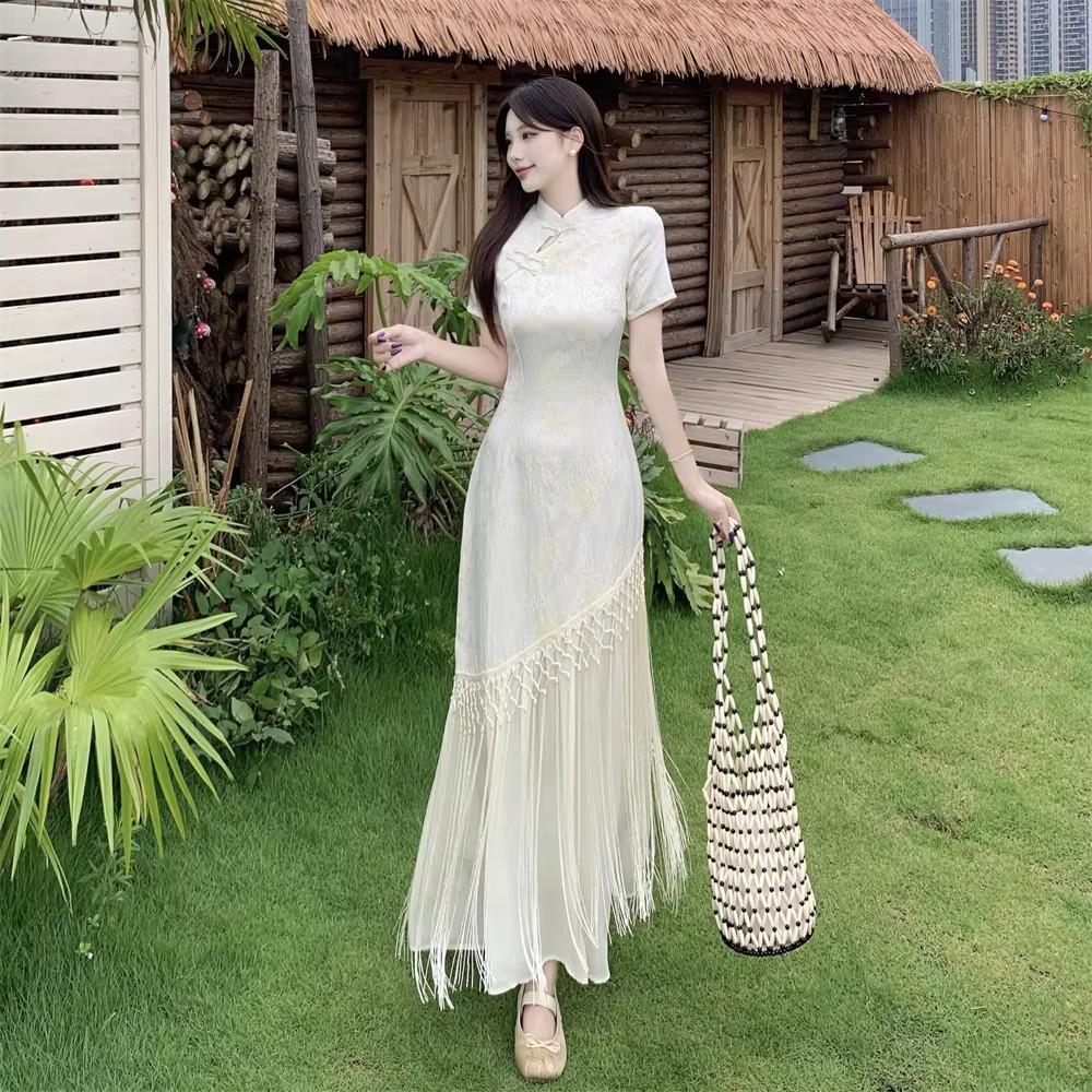 New Chinese style noble sense jacquard cheongsam improved dress temperament celebrity fringed design waist dress