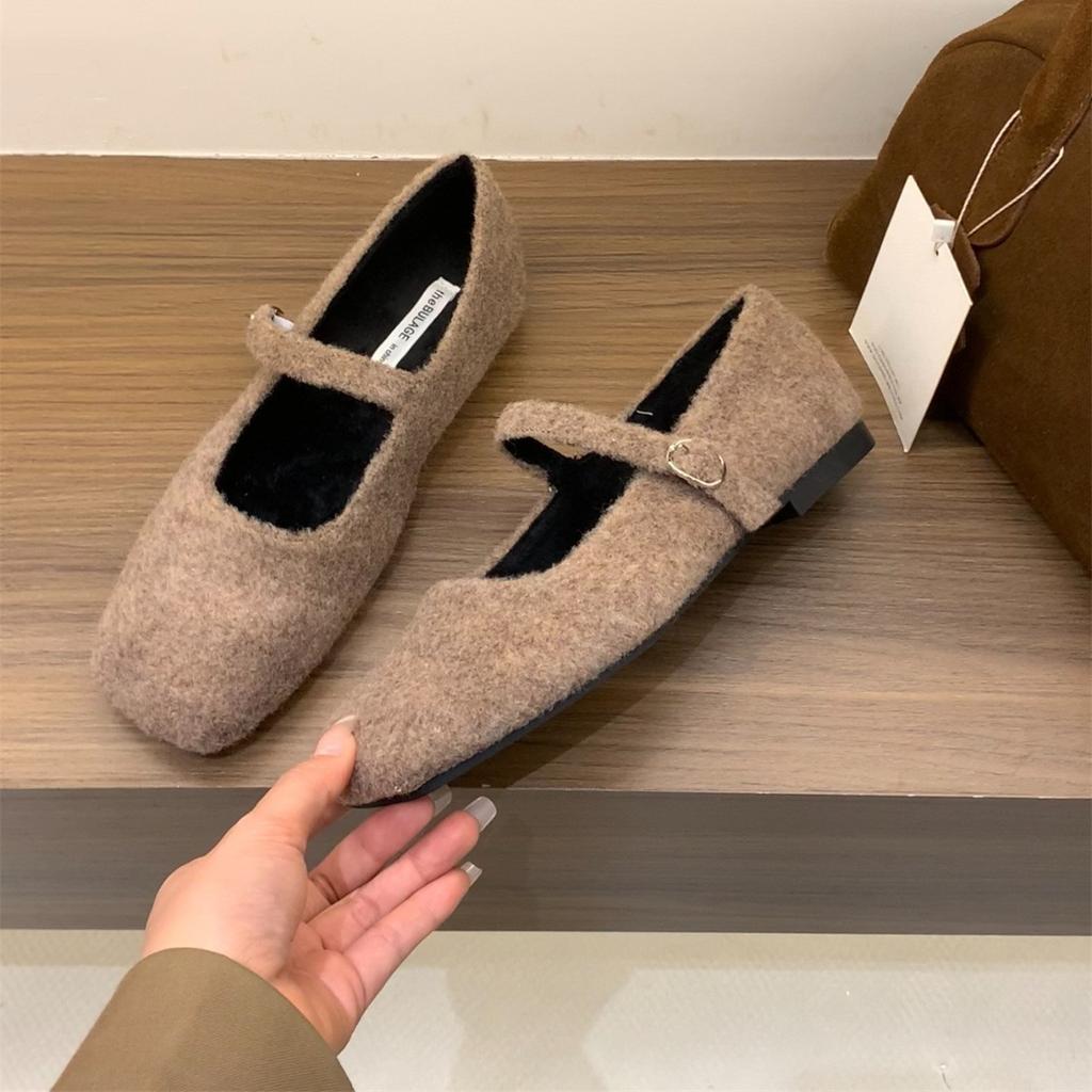 French Flat-bottomed Velvet Mary Jane Fluffy Shoes Women's Shoes Wear 2025 Autumn and Winter Retro Suede Evening Shoes