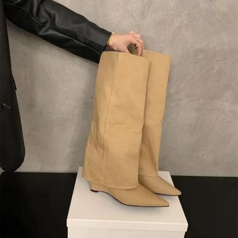 Pointed Toe Slope Heeled Pants Leg Boots  New Autumn Winter Women Vintage Knee-High High-Heeled Western Cowboy Boots Female