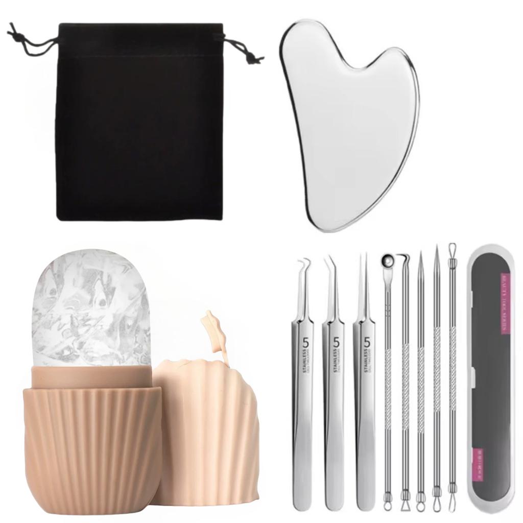 Facial Care Beauty Set Face Ice Roller Stainless Steel Gua Sha Board Massage Roller Acne Blackhead Remover Clip Skin Care Tools