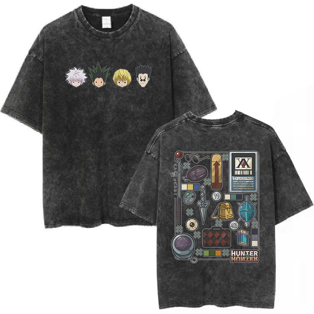 Vintage Washed Anime Hunter X Hunter Shizuku Kurapika Tshirts Mens Women Clothing Fashion Cotton Oversized T Shirts Streetwear