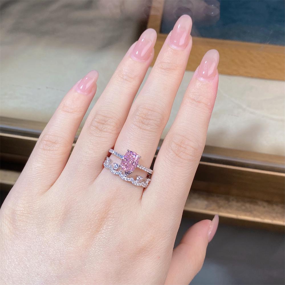 S925 Sterling Silver Pink Radiant Cut Flower Ring for Women - Cute, Sweet, INS Style.